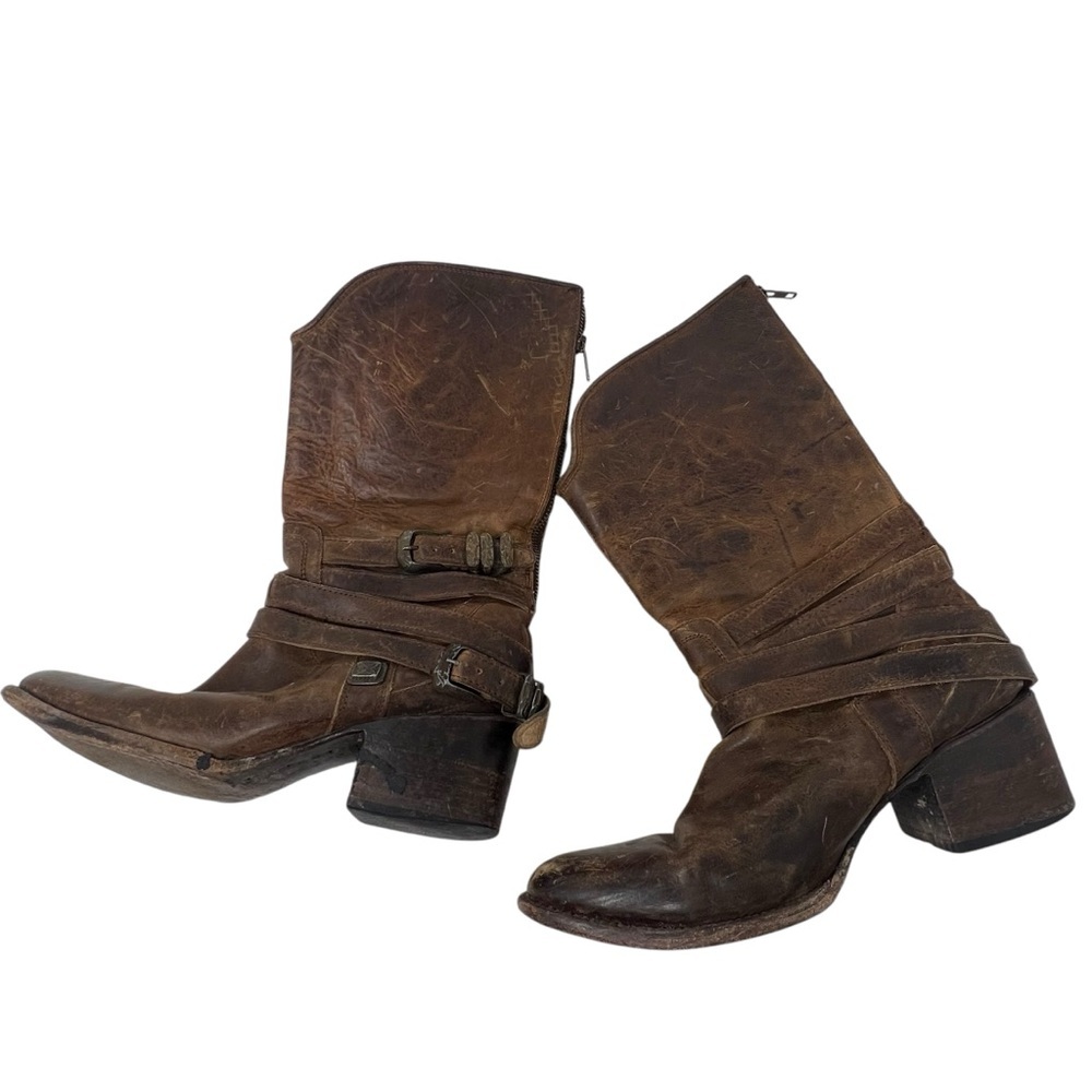 FREEBIRD | Distressed Biker Boots Brown Western Cowboy Heeled Pikes Leather